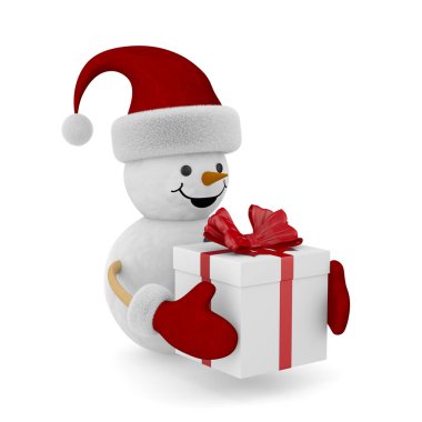 Beyaz arka planda hediye kutusu olan bir kardan adam. İzole edilmiş üç boyutlu illüstrasyon