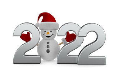 2022 yılbaşı. Beyaz arka planda kardan adam. İzole edilmiş üç boyutlu illüstrasyon