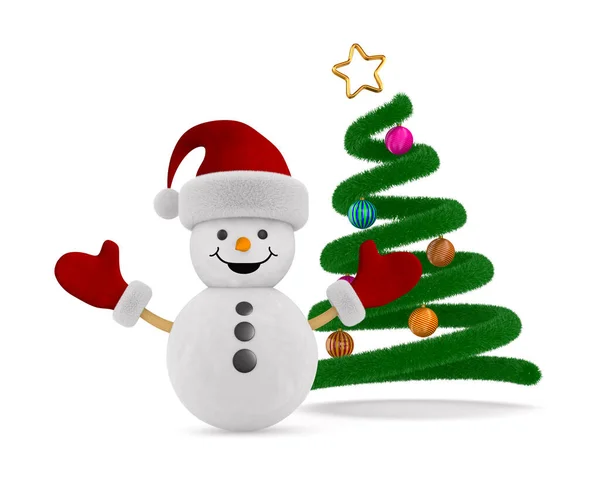 Χιονάνθρωπος Και Χριστουγεννιάτικο Δέντρο Λευκό Φόντο Μεμονωμένη Τρισδιάστατη Απεικόνιση — Φωτογραφία Αρχείου