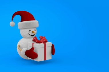 Mavi arka planda hediye kutusu olan bir kardan adam. İzole edilmiş üç boyutlu illüstrasyon