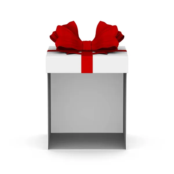 Ανοιχτό Λευκό Κουτί Δώρου Κόκκινο Φιόγκο Λευκό Φόντο Μεμονωμένη Τρισδιάστατη — Φωτογραφία Αρχείου