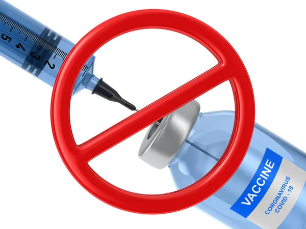 白の背景にCovid 19の標識とワクチンを禁止しました 孤立した3Dイラスト — ストック写真