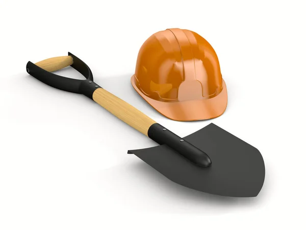 Orange Hard Hat Shovel White Background Garden Tool Isolated Iillustration — Stock Photo, Image