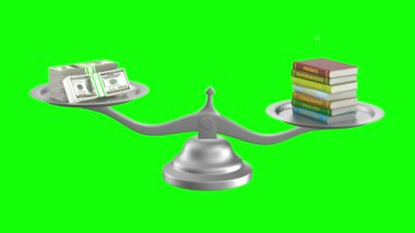 Kitaplar ve terazide para. Yeşil arkaplanda izole edilmiş 3B görüntüleme