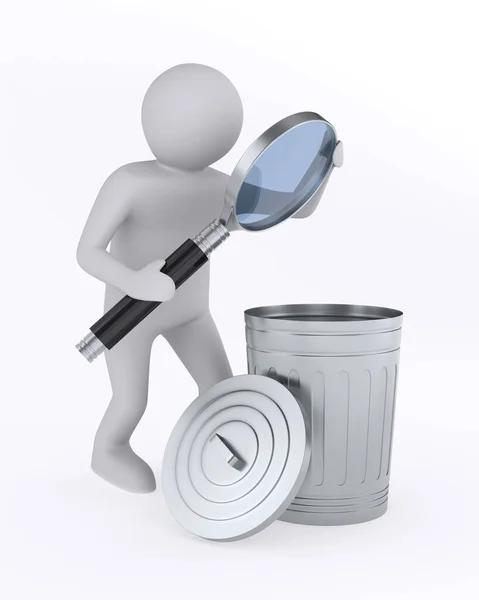 白地に拡大鏡とゴミ箱を持った男 孤立した3Dイラスト — ストック写真
