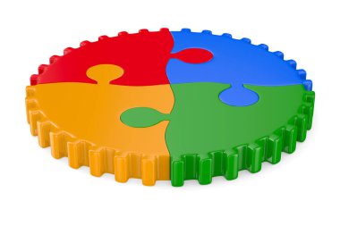 Yapboz parçaları beyaz arkaplanda daire şeklinde bağlanıyor. İzole edilmiş 3d illüstrasyon