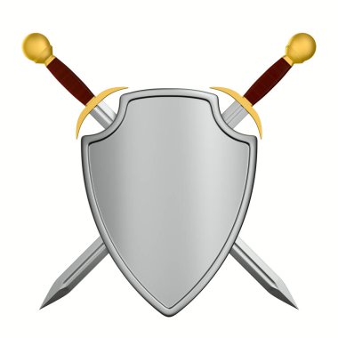 Kalkan ve beyaz arka planda iki kılıç. İzole edilmiş üç boyutlu illüstrasyon