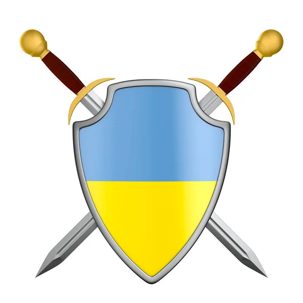 盾与乌克兰国旗和两把剑的白色背景 孤立的3D插图 — 图库照片#