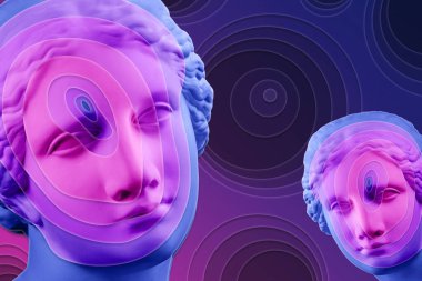 Popüler sanat tarzında insan yüzünün alçıdan yapılmış antik heykelinin kolajı. Antik heykel kafasıyla modern yaratıcı konsept imajı. Zine kültürü. Çağdaş sanat posteri. Acayip minimalizm. Retro tasarımı.