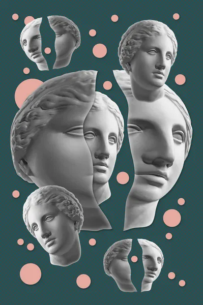 Collage med gips antika skulptur av mänskligt ansikte i popkonst stil. Modern kreativ konceptbild med antikt statyhuvud. Zinekultur. Samtida konstaffisch. Funkig minimalism. Retro design. — Stockfoto