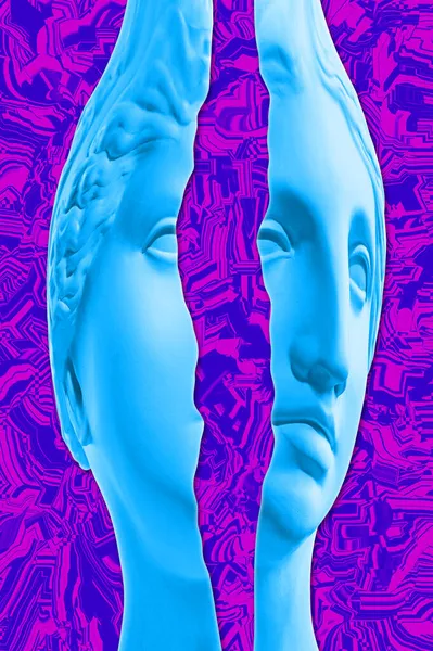 Colagem com escultura de gesso antigo do rosto humano em um estilo pop art. Imagem de conceito criativo moderno com cabeça de estátua antiga. Cultura Zine. Cartaz de arte contemporânea. minimalismo funky. Design retrô. — Fotografia de Stock