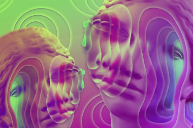 Popüler sanat tarzında insan yüzünün alçıdan yapılmış antik heykelinin kolajı. Antik heykel kafasıyla modern yaratıcı konsept imajı. Zine kültürü. Çağdaş sanat posteri. Acayip minimalizm. Retro tasarımı.