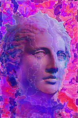 Popüler sanat tarzında insan yüzünün alçıdan yapılmış antik heykelinin kolajı. Antik heykel kafasıyla modern yaratıcı konsept imajı. Zine kültürü. Çağdaş sanat posteri. Acayip minimalizm. Retro tasarımı.