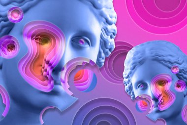 Popüler sanat tarzında insan yüzünün alçıdan yapılmış antik heykelinin kolajı. Antik heykel kafasıyla modern yaratıcı konsept imajı. Zine kültürü. Çağdaş sanat posteri. Acayip minimalizm. Retro tasarımı.