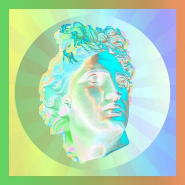 Popüler sanat tarzında insan yüzünün alçıdan yapılmış antik heykelinin kolajı. Antik heykel kafasıyla modern yaratıcı konsept imajı. Zine kültürü. Çağdaş sanat posteri. Acayip minimalizm. Retro tasarımı.