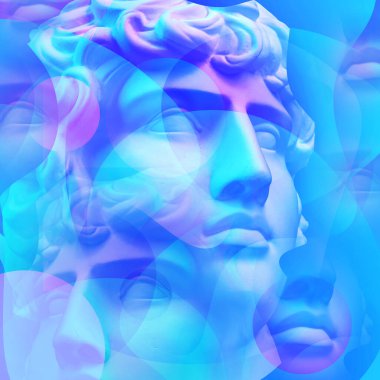 Popüler sanat tarzında insan yüzünün alçıdan yapılmış antik heykelinin kolajı. Pastel renklerde antik heykel kafasıyla yaratıcı bir konsept görüntüsü. Zine kültürü. Çağdaş sanat tarzı poster. Apollo baskını.