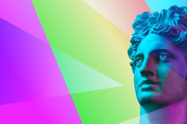 Popüler sanat tarzında insan yüzünün alçıdan yapılmış antik heykelinin kolajı. Antik heykel kafasıyla modern yaratıcı konsept imajı. Zine kültürü. Çağdaş sanat posteri. Acayip minimalizm. Retro tasarımı.