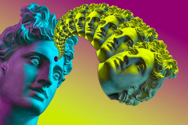 Collage with plaster antique sculpture of human face in a pop art style. Modern creative concept image with ancient statue head. Zine culture. Contemporary art poster. Funky minimalism. Retro design. — Stock Photo, Image