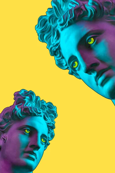 Collage con yeso escultura antigua de la cara humana en un estilo de arte pop. Imagen de concepto creativo moderno con cabeza de estatua antigua. Cultivo Zine. Cartel de arte contemporáneo. Minimalismo funky. Diseño retro. — Foto de Stock