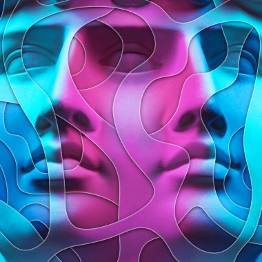 Popüler sanat tarzında insan yüzünün alçıdan yapılmış antik heykelinin kolajı. Antik heykel kafasıyla modern yaratıcı konsept imajı. Zine kültürü. Çağdaş sanat posteri. Acayip minimalizm. Retro tasarımı.