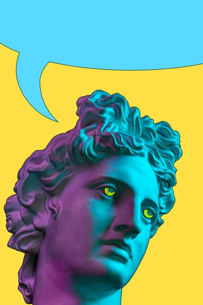 Collage with sculpture of human face in a pop art style. Creative concept image with statue head and comics bubble. Zine culture. Contemporary art poster. Comics design. Funky minimalism. Copy space. — Stock Photo, Image