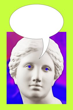 Pop sanat tarzında insan yüzü heykelinin olduğu bir kolaj. Heykel kafası ve çizgi roman baloncuğu olan yaratıcı bir konsept. Zine kültürü. Çağdaş sanat posteri. Çizgi roman tasarımı. Acayip minimalizm. Boşluğu kopyala.