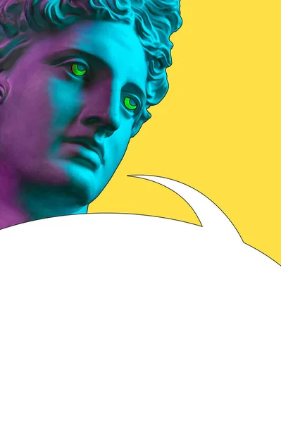 Collage con escultura de rostro humano en un estilo pop art. Imagen de concepto creativo con cabeza de estatua y burbuja de cómics. Cultivo Zine. Cartel de arte contemporáneo. Diseño de cómics. Minimalismo funky. Copiar espacio. — Foto de Stock