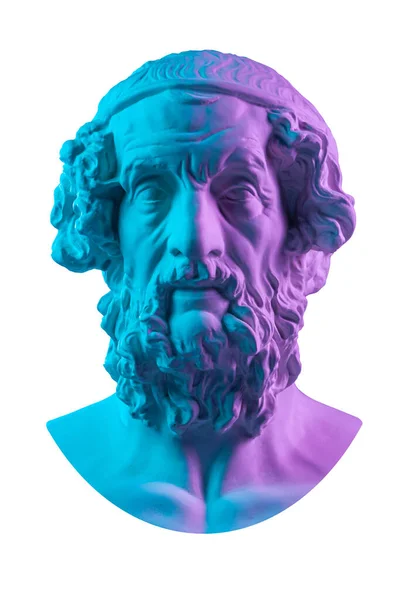 Блакитний рожевий гіпс старовинної статуї Гомер, голова художниці. Пластикова антична скульптура людського обличчя. Давній грецький поет і філософ Гомер є легендарним автором віршів "Іліада і Одіссея". — стокове фото