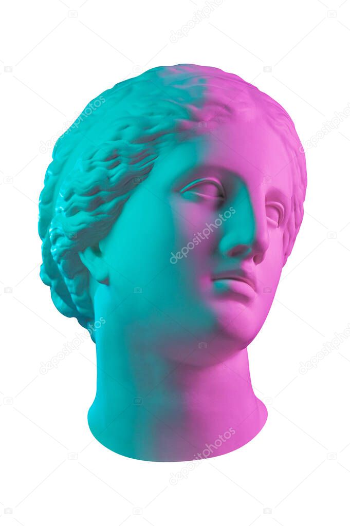 Colorful gypsum copy of ancient statue of Venus de Milo head for artists isolated on white background. Plaster sculpture woman face. Art poster in violet green bright colors. Love, beauty, feminism