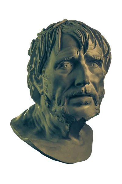 Bronzová barva sádrovec kopie starověké sochy Lucius Seneca hlavu pro umělce izolované na bílém pozadí. Seneca 4 BC-65 AD římský stoický filozof, státník a vychovatel budoucího císaře Nera. — Stock fotografie