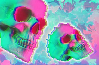 Sürrealizm tarzında insan kafatasının alçılı kopyasıyla kolaj. Kafatası kafalı modern yaratıcı poster. Çağdaş sanat. Funky punk minimalizm tasarımı. Cadılar Bayramı ve ölüm günü Meksika konsepti.