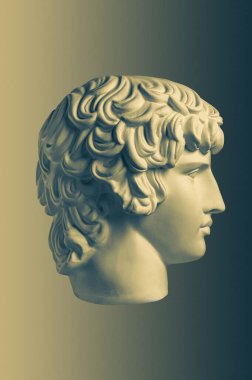 Bronze color gypsum copy ancient statue Antinous head lover of Roman Emperor Hadrian for artists on brass background. Plaster sculpture of man face. Template art design dj, fashion, poster. Profile. clipart