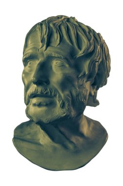 Lucius Seneca 'nın antik heykelinin bronz renkli alçıtaşı kopyası beyaz arka planda izole edilmiş sanatçılar için. Seneca MÖ 4-65 Roma stoik filozofu, devlet adamı ve geleceğin imparatoru Nero 'nun öğretmeni..