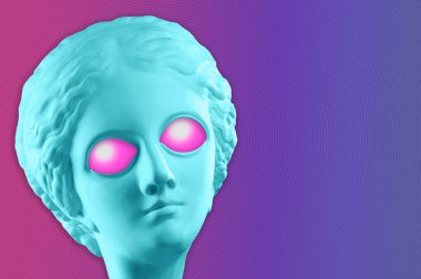 Parlayan kocaman gözleri olan alışılmadık garip uzaylılarla dolu renkli bir afiş. Antika bir Venüs 'e benziyor. UFO, uzay, dünya dışı medeniyet. DJ, moda, müzik ve punk kültürü için gerçeküstü şablon.