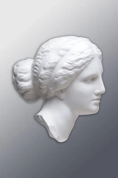 Copie en gypse blanc de l'ancienne statue de Vénus de Milo pour les artistes sur fond gris. Sculpture en plâtre d'un visage de femme. Affiche d'art moderne aux couleurs noir et blanc. Amour, beauté, féminisme. — Photo