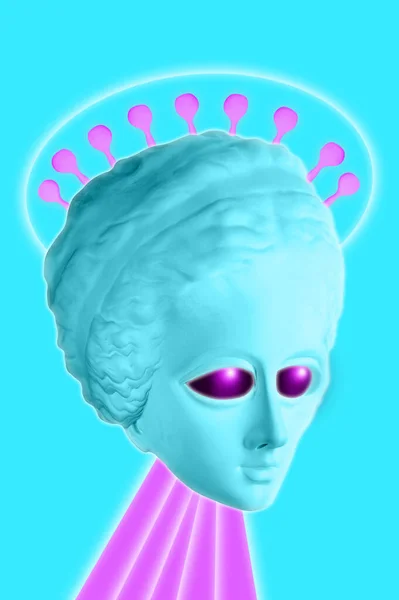 Affiche funky colorée avec étrange alien inhabituel avec d'énormes yeux brillants. On dirait une Vénus antique. OVNI, espace, civilisation extraterrestre. Gabarit surréaliste pour DJ, mode, musique, culture punk. — Photo