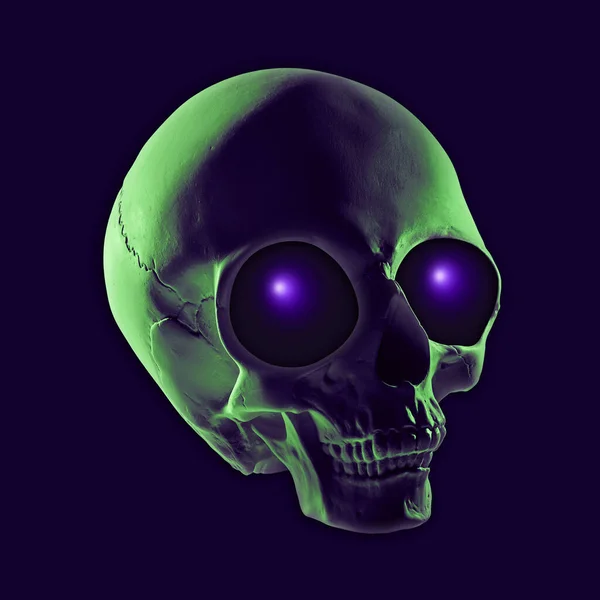 Необычайно странный голубой пурпурный инопланетный череп с огромными глазницами на тёмном фоне. НЛО, космос, пришельцы, контакт с внеземной цивилизацией. Мбаппе увлекается плакатом, модой, ди-джеем, изобразительным искусством — стоковое фото