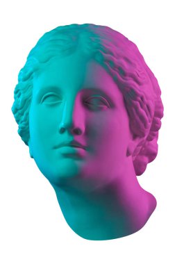Venus de Milo 'nun antik heykelinin renkli alçıtaşı kopyası beyaz arka planda izole edilmiş sanatçılar için. Alçı heykel kadın yüzü. Mor yeşil renkli sanat posteri. Aşk, güzellik, feminizm