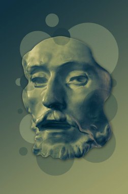 Gerçeküstü bir tarzda insan yüzünün antik heykelinin kolajı. Antik heykel kafasıyla modern yaratıcı konsept imajı. Zine kültürü. Çağdaş sanat posteri. Funky punk minimalizmi. Sıra dışı tasarım.