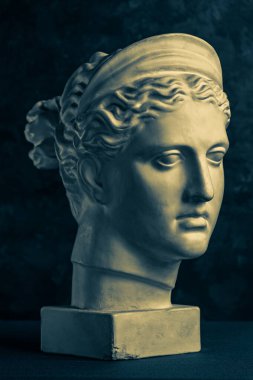 Bronz renkli alçıtaşı, Diana heykelini taklit ediyor. Doğa tanrıçası ve karanlık arka plandaki sanatçıları avlıyor. Rönesans. Kadın yüzünün alçı heykeli. Şablon tasarımı DJ, moda, poster.