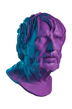 Lucius Seneca 'nın antik heykelinin renkli alçıtaşı kopyası beyaz arka planda izole edilmiş sanatçılar için. Seneca MÖ 4-65 Roma stoik filozofu, devlet adamı ve geleceğin imparatoru Nero 'nun öğretmeni..