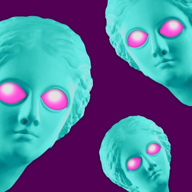 Parlayan kocaman gözleri olan alışılmadık garip uzaylılarla dolu renkli bir afiş. Antika bir Venüs 'e benziyor. UFO, uzay, dünya dışı medeniyet. DJ, moda, müzik ve punk kültürü için gerçeküstü şablon.