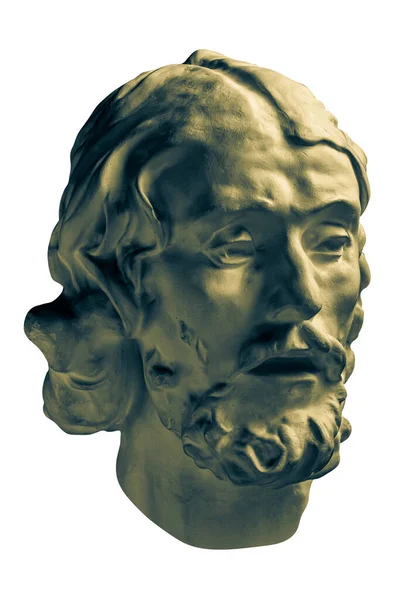Χάλκινο αντίγραφο γύψου χρώματος του αρχαίου αγάλματος του Ιωάννη του Βαπτιστή κεφάλι για τους καλλιτέχνες που απομονώνονται σε λευκό φόντο. Γύψινο γλυπτό πρόσωπο ανθρώπου. Ο Ιωάννης βάφτισε τον Ιησού. Αφίσα τέχνης σε κίτρινα και μπλε χρώματα — Φωτογραφία Αρχείου