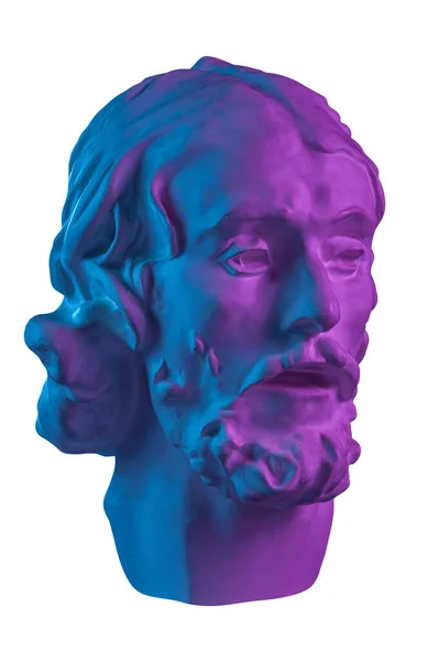 Copie en gypse coloré de l'ancienne statue de la tête de Jean-Baptiste pour les artistes isolés sur un fond blanc. Plâtre sculpture homme visage. Jean a baptisé Jésus. Affiche d'art aux couleurs vives violettes et bleues — Photo