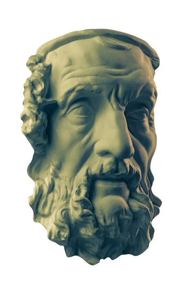 Bronze color gypsum copy of ancient statue Homer head for artists. Plaster antique sculpture of human face. Ancient greek poet and philosopher Homer is the legendary author of poems Iliad and Odyssey. — Stock Photo, Image