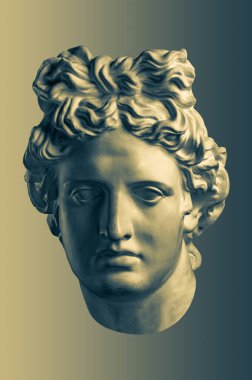 Bronz renkli alçıtaşı Apollo Güneş Tanrısı 'nın antik heykeli ve pirinç arka plandaki sanatçılar için şiir başlığı. Rönesans dönemi. Erkek yüzünün alçı heykeli. Şablon tasarımı DJ, moda, poster