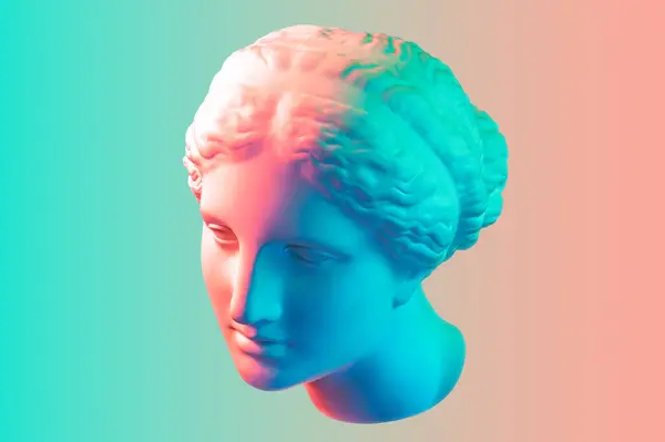 Gipskopie der antiken Statue der Venus de Milo in Pastelltönen für Künstler auf rosa blauem Hintergrund. Gipsskulptur eines Frauengesichts. Kunst modernes Plakat in sanften Farben. Liebe, Schönheit, Feminismus. Stockbild