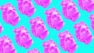 Arka planda pembe sarı antika bir Yunan büstü olan buhar dalgası. Antik insan yüzünün figürleri. Hareket animasyonunu durdur. Apollo tanrı heykeli. Video 4K. Klasik heykel kafası. GIF