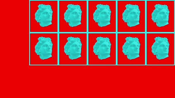 Vaporwave in stile con movimento incorniciato azzurro antichi busti di greco su sfondo rosso. Figurine di antico volto umano. Ferma l'animazione. Scultura in pietra Apollo. Un video. Statua classica testa GIF. Arte — Video Stock