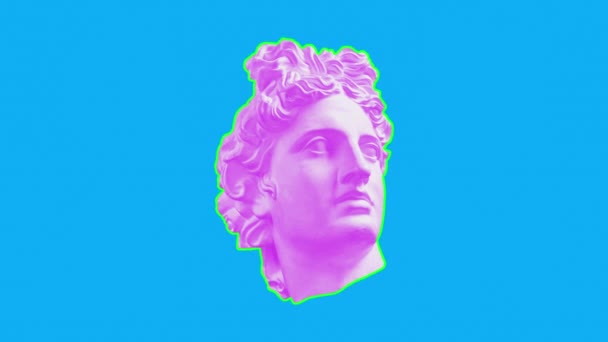 Pink antique human bust on blue background and colored cross triangle square circle. Ancient statue man. Stop motion animation. Apollo god sculpture face. Video 4K. GIF looped. Funky contemporary art. — Stock Video